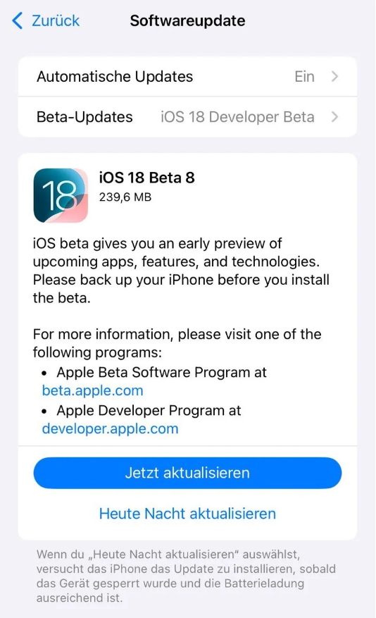 吉水苹果手机维修分享苹果 iOS / iPadOS 18 开发者预览版 Beta 8 发布 